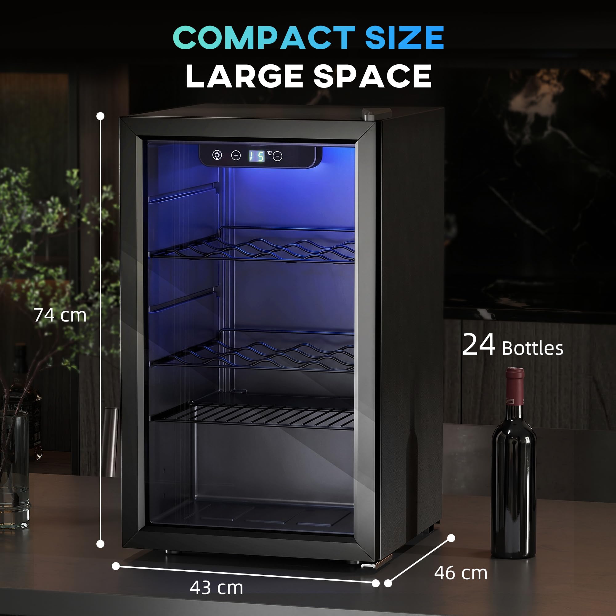 HOMCOM Weinkühlschrank 24 Flaschen 68 Liter 4-16°C UV Schutz Doppelglas-Tür LED-Beleuchtung Digitaler Touchscreen Schwarz