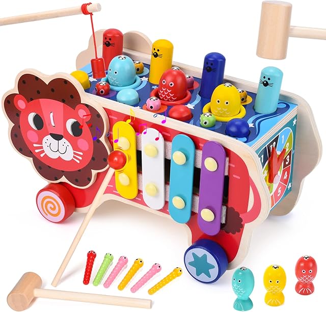 7-in-1 Montessori Toys for 36 Months+ Toddlers Wooden Hammering Pounding Toy Magnetic Fishing Worm Catching Clock Xylophone Learning Developmental Toys Toddler Activities Gift Boys Girls