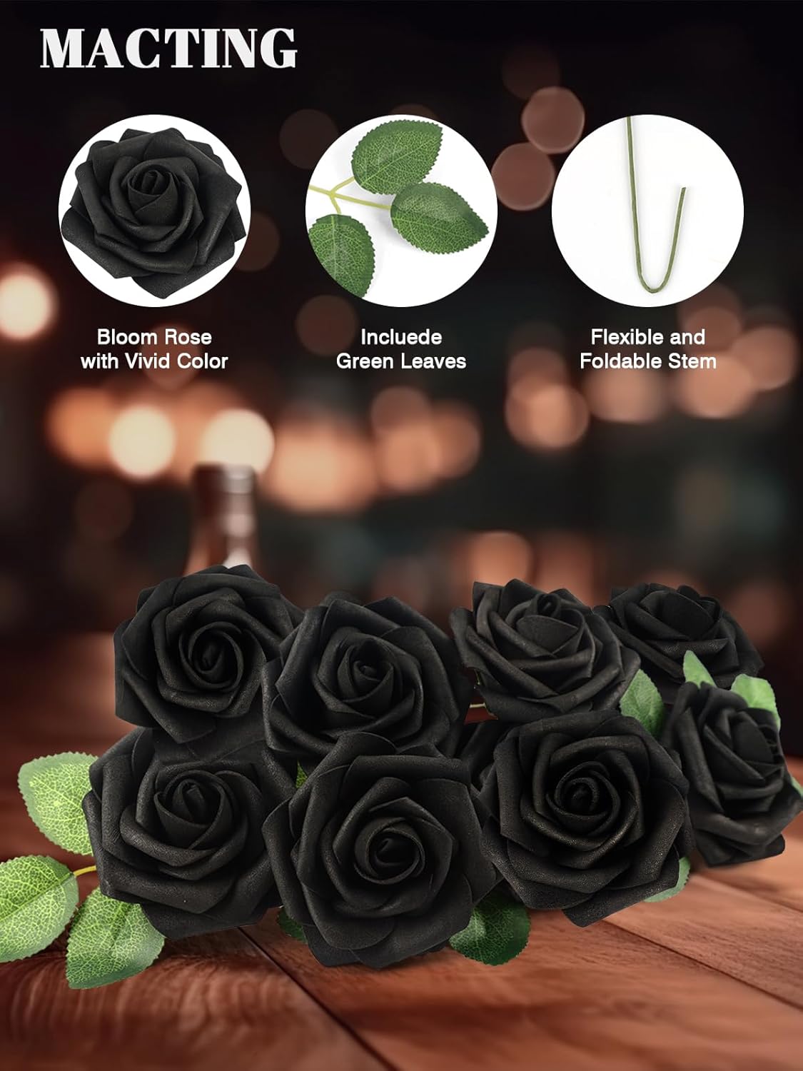 MACTING Artificial Black Rose Flowers 30PCS Real Touch Fake Flowers with Stem Foam Roses for DIY Wedding Bouquet Gifts Table Centerpieces Party Bridal Shower Home Spring Valentines Day Decorations - Image 5