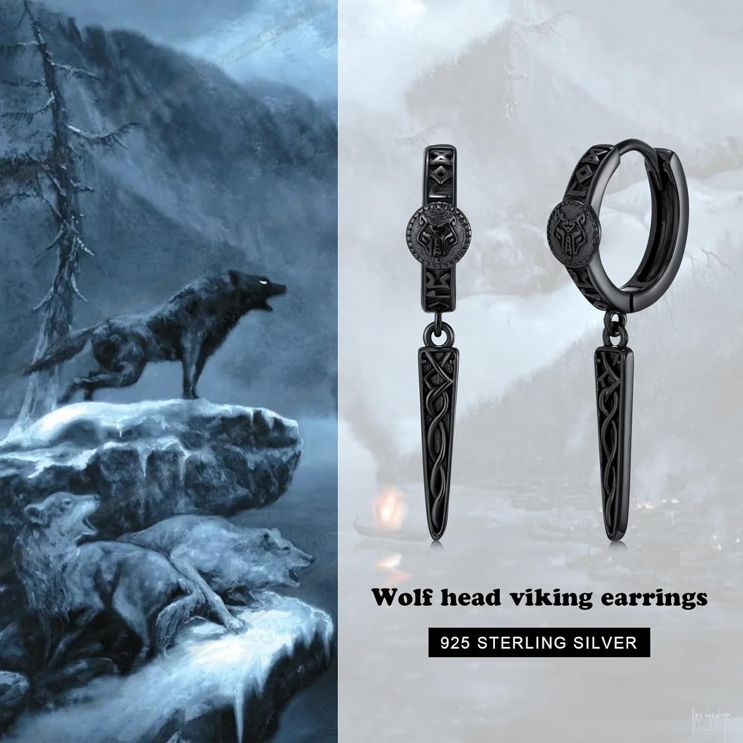 Gothic Punk Black Viking Runes/Wolf Head/Valknut Drop Dangle Earrings For Man 925 Sterling Silver Spike Dangle Drop Huggie Hoop Earrings Viking Jewelry Gifts for Women - Image 2