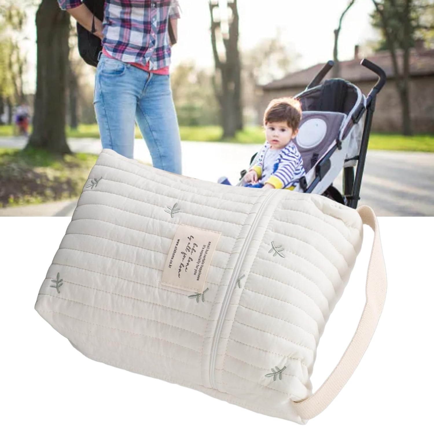 Fafeicy Cotton Diaper Bag Backpack for Baby Stroller, Embroidered Leaf Pattern, Bottle Storage, White