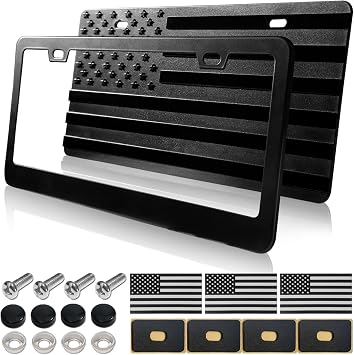 ZXFOOG American Flag License Plate for Front Bumper, Black ABS Plastic Car Tag Plate with 3D Embossed USA Flag Pattern, with Aluminum Frame, Screws, Patriotic Decals