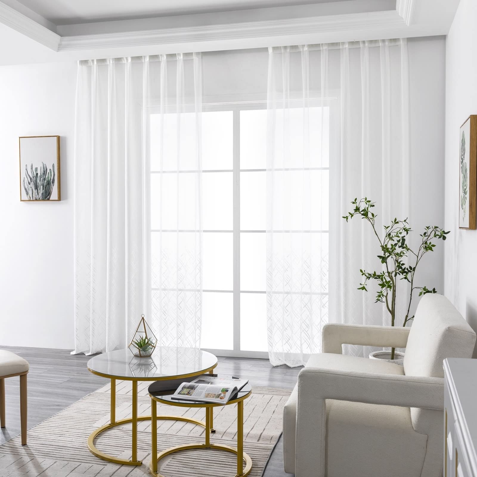 Rideau Interieur Blanc, Rideau Chambre Voilage Polyester Croix Transparente Lot de 2 Paire de Rideaux Salon 34X84Inch(86X214CM)