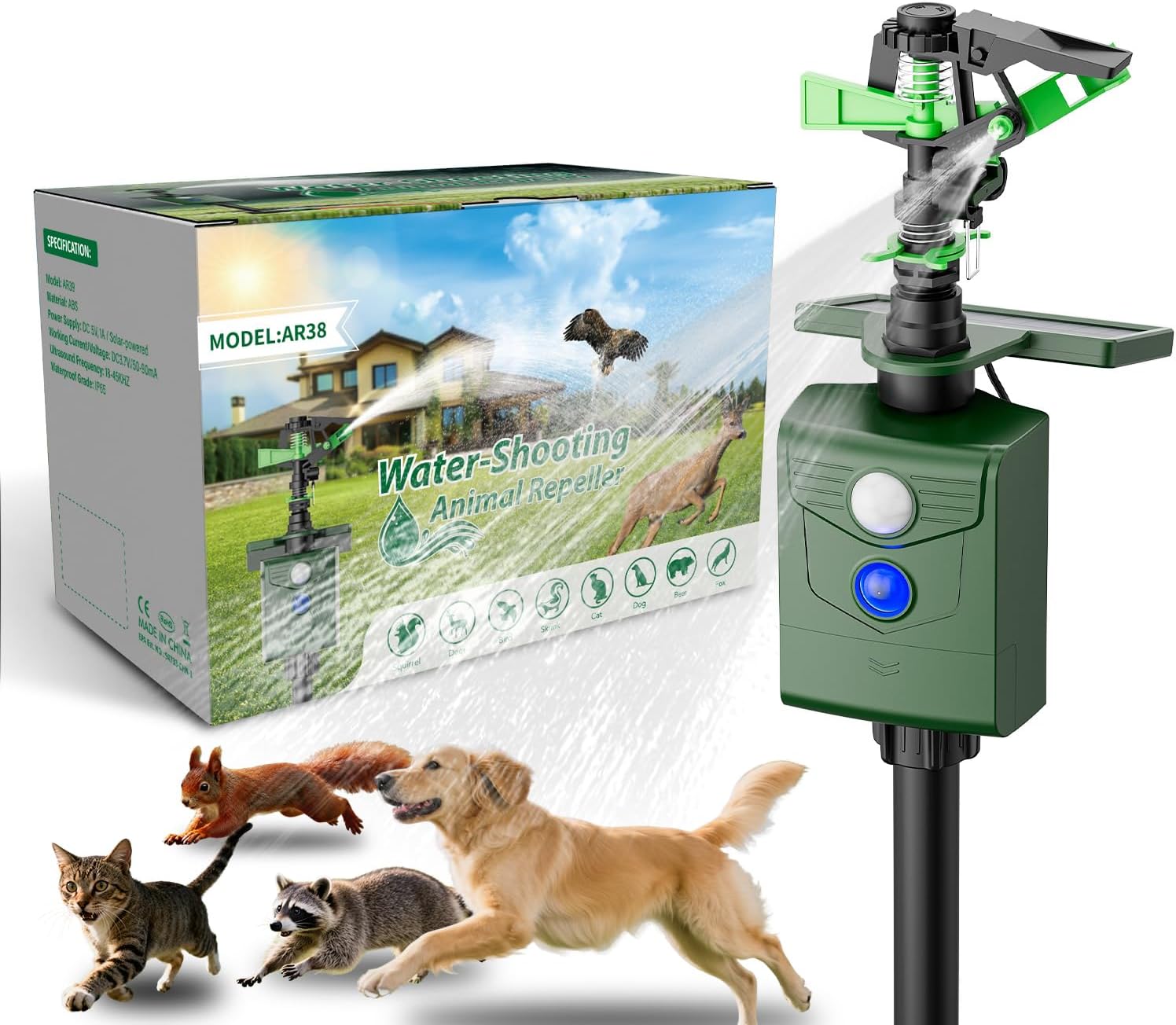 Motion Activated Animal Repellent Sprinkler, Solar Powered Outdoor Water Sprayer for Cats, Dogs, Deer, Squirrels & Skunks, Humane Pest Deterrent for Garden, Lawn & Yard