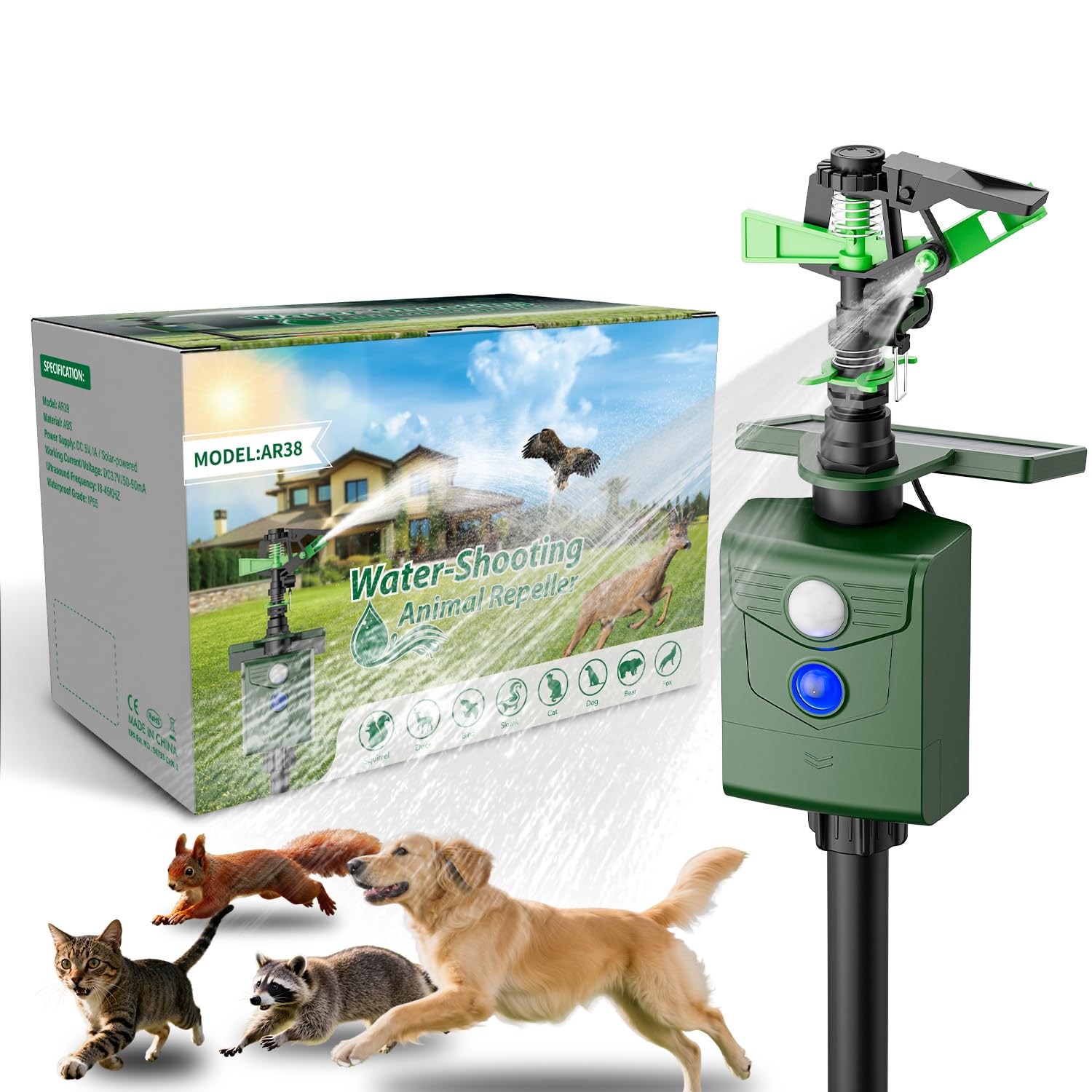 Arroseur répulsif à détecteur de mouvement, pulvérisateur d'eau d'extérieur à énergie solaire pour chats, chiens, cerfs, écureuils et mouffettes, dissuasif sans cruauté pour jardin, pelouse et cour