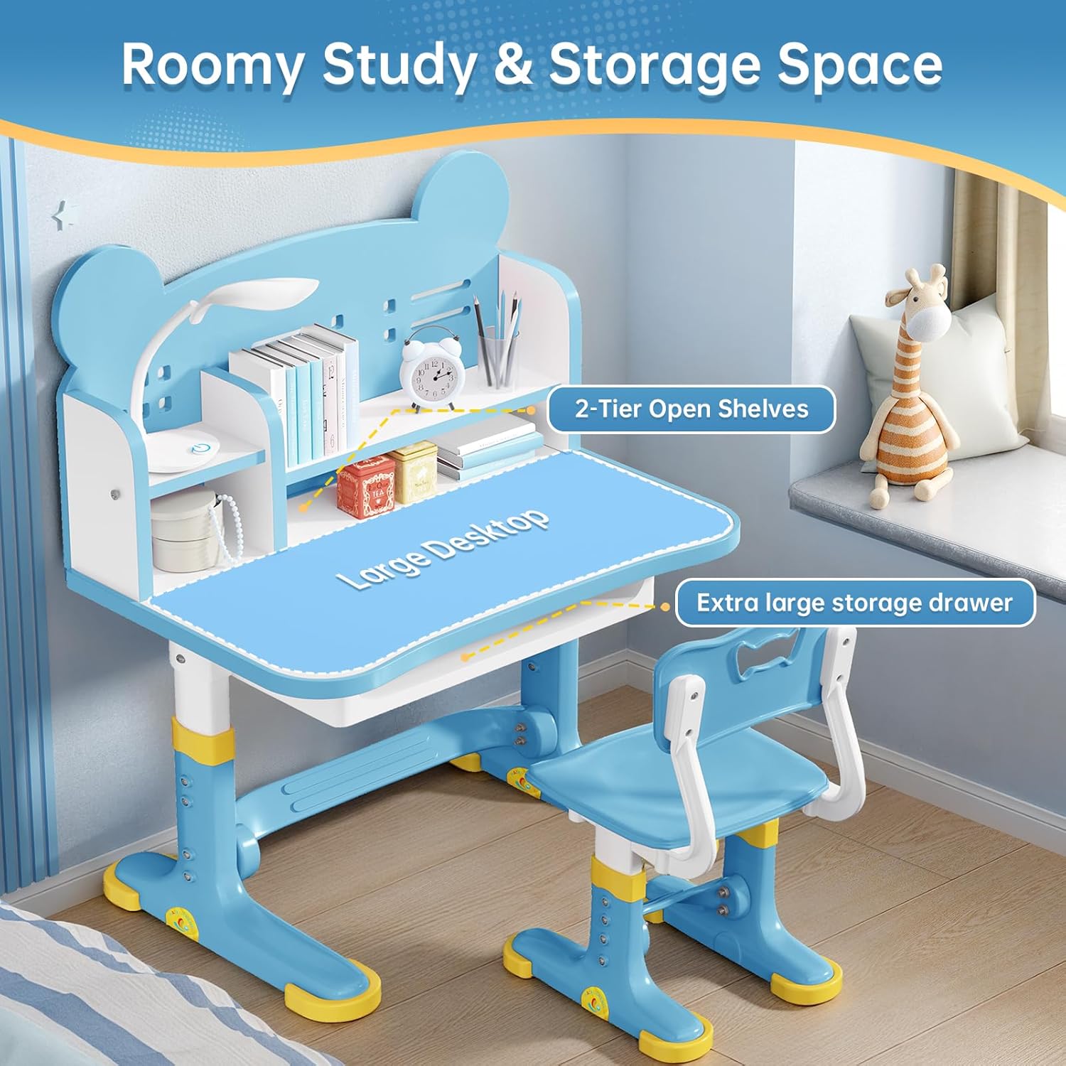 Kids Desk and Chair Set, Height Adjustable Child's School Study Writing Tables, Kids Desk with Bookstand and Storage Drawer, Widened Desktop with Desktop for Boys and Girls (Blue-F) - Image 4