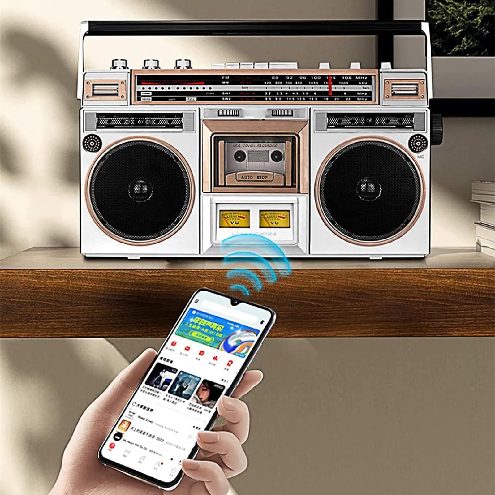 Boombox portatile con lettore CD, stile classico anni '80, radio AM/FM, ingresso SD/USB, compatto per riunioni di famiglia e viaggi