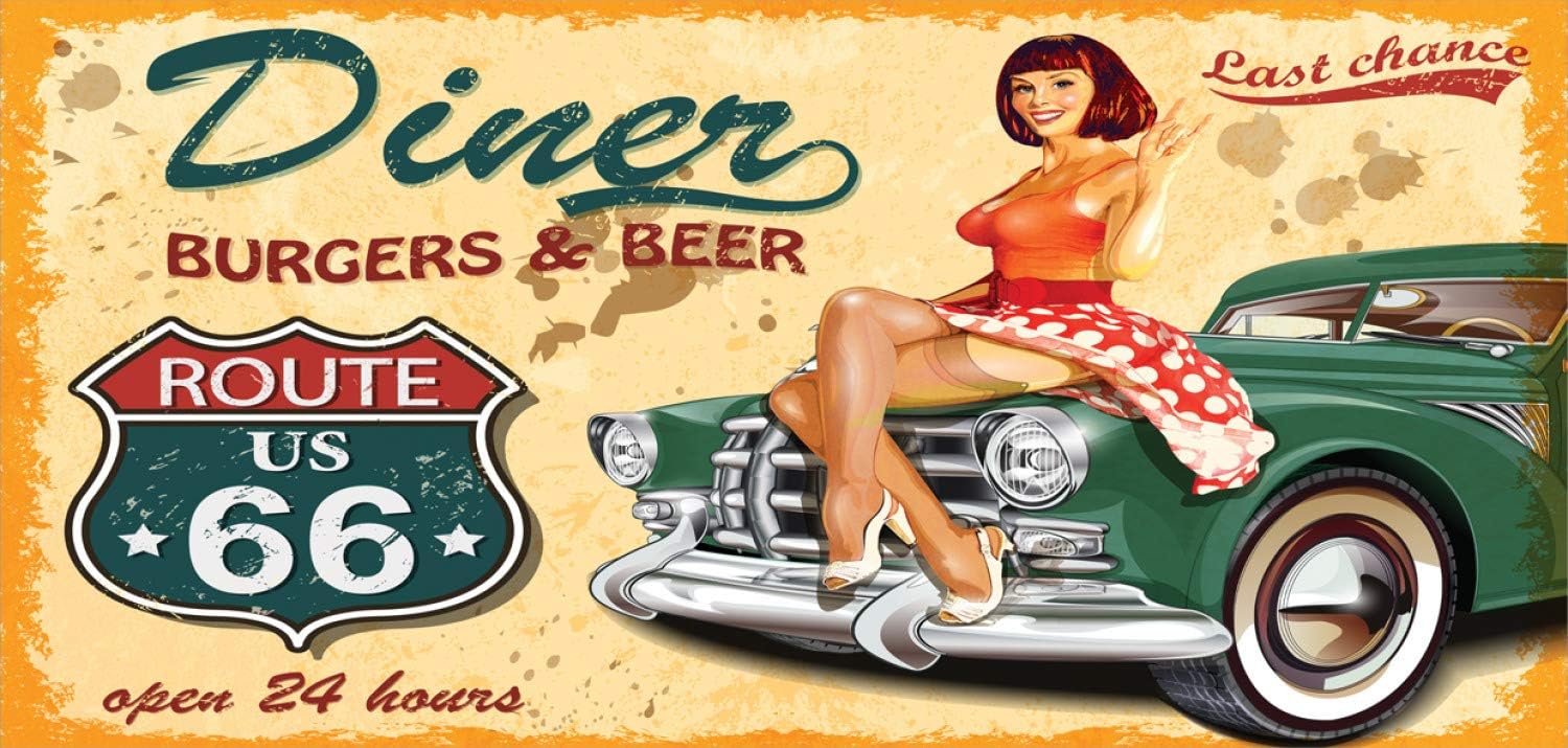 Exсluѕіvе Dіѕсоunt 80% оƒƒеr Lunarable Route 66 Mug, Diner Burgers Beer Cafe Sign with a Waitress on a Car Freeway Retro Illustration, Ceramic Coffee Mug Cup for Water Tea Drinks, 11 oz, Green Mustard
