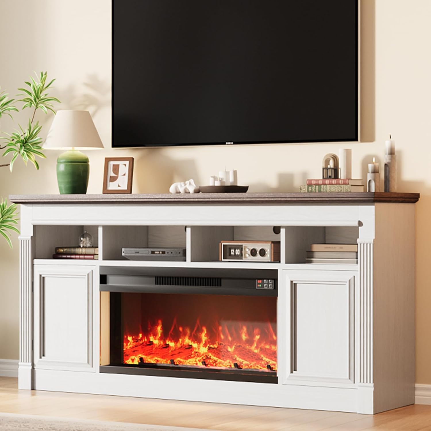 IDEALHOUSE 68 Inch Fireplace TV Stand,Wooden Entertainment Center with 36 Inch Fireplace, Farmhouse Media Console with Storage Cabinets for Living Room-White&Brown
