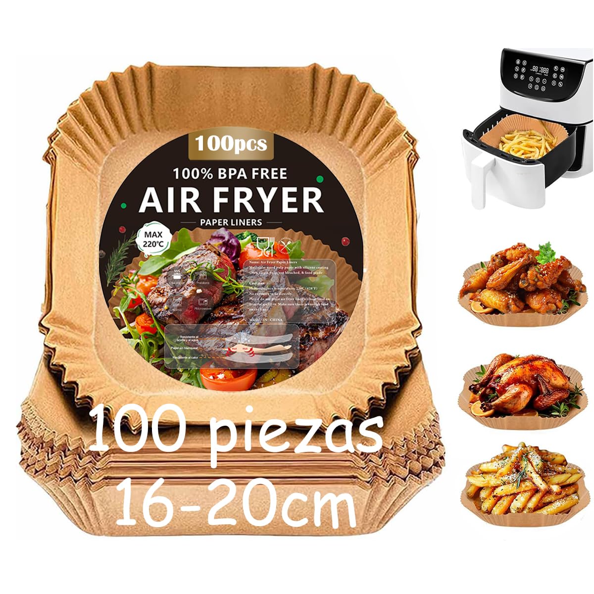 Papel Freidora Aire, 100 Piezas Papel Air Fryer Cuadrado BPA Free 16-20CM, Material Seguro y Sostenible, papel para freidora de aire perfecto para COSORI Cecotec 3-4.5L