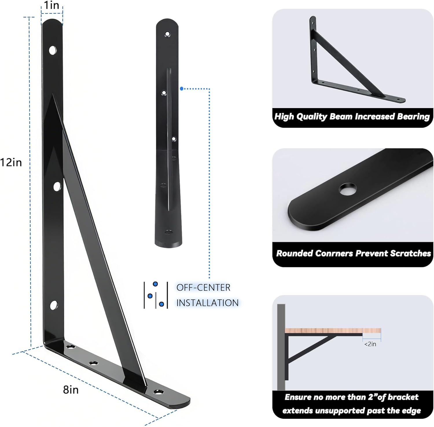 10 Pack L12 x H 8" Heavy Duty Shelf Brackets with Screws Open Floating Shelving Bracket L Brackets Black Metal Shelf Brackets for Shelves, Room, Pantry,Garage