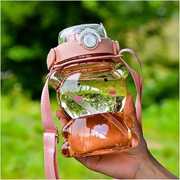 Kawaii Bear Water Bottle with Straw,Cute Water Bottles with Adjustable and Removable Shoulder Strap for Kids School,Portable Leakproof Drinking Cups for Girls Women Camping Picnic Pink