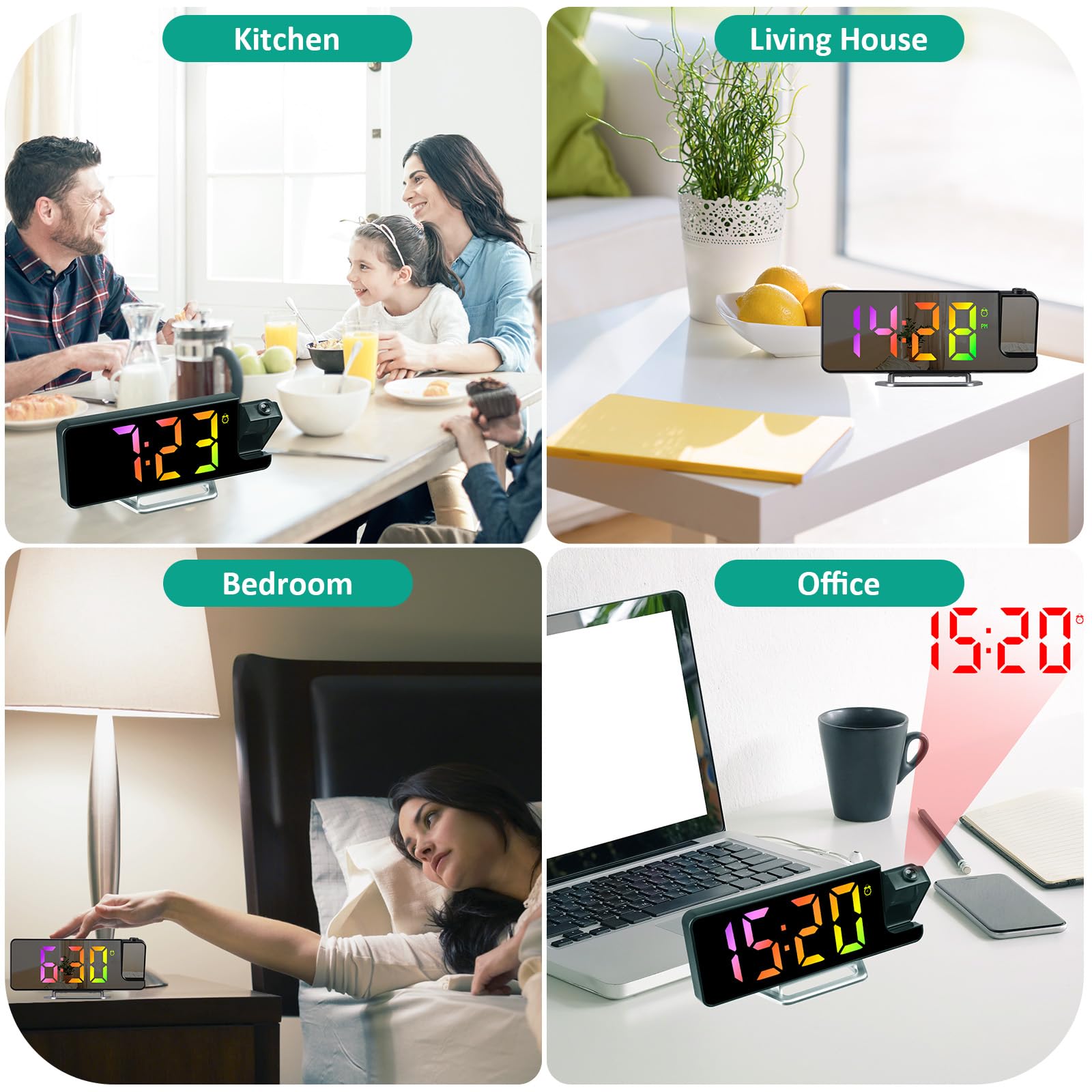 Sveglia con Proiettore, 7,9 Pollici Sveglia Digitale da Comodino con Proiettore con Rotazione di 180°, Orologio a Specchio LED con Temperatura, Snooze, 3 Luminosità, 12/24H, Cifre Colorate
