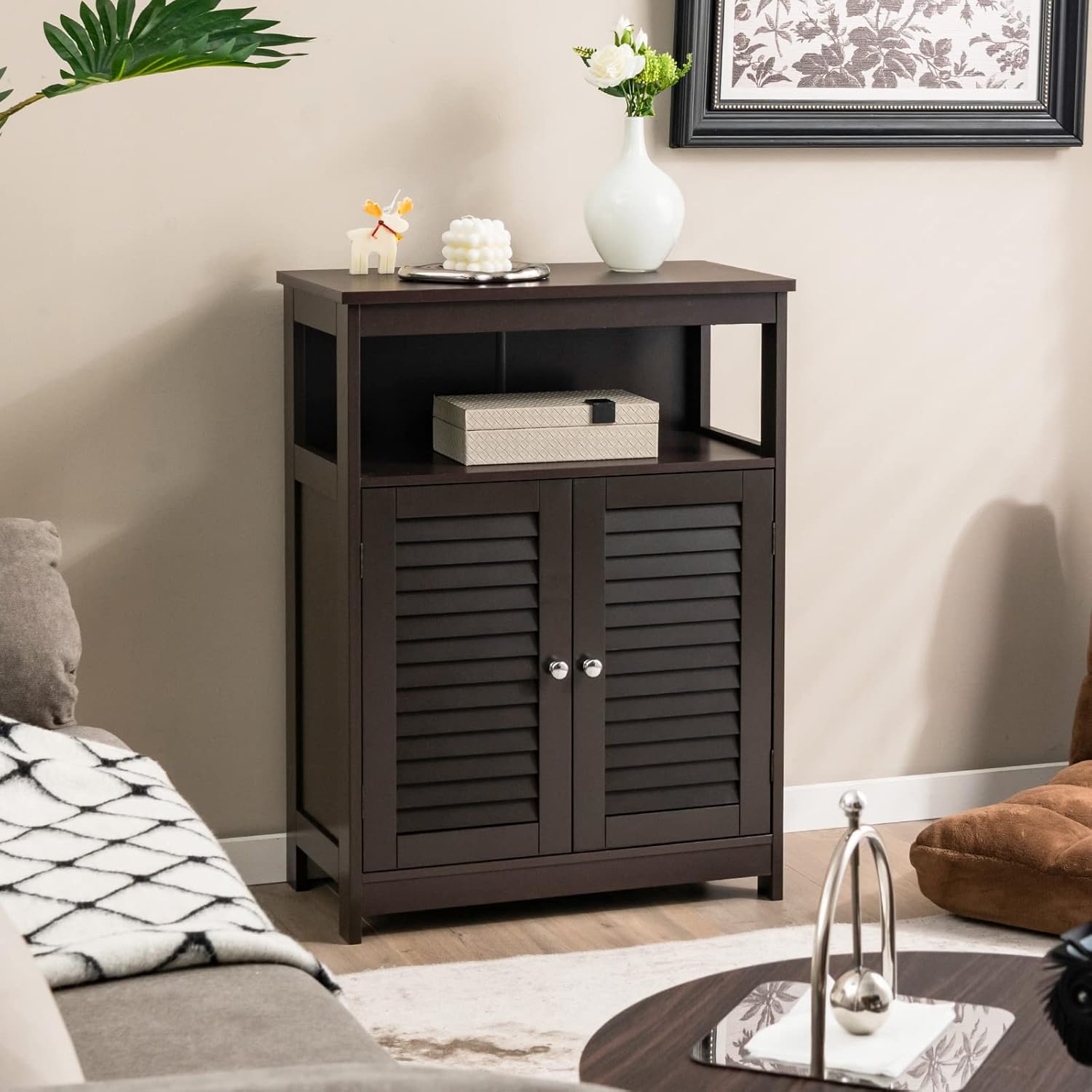 Tangkula Bathroom Floor Cabinet, Wooden Freestanding Storage Cabinet with Double Shutter Door & Adjustable Shelf, Storage Cabinet for Bathroom Living Room (Brown)