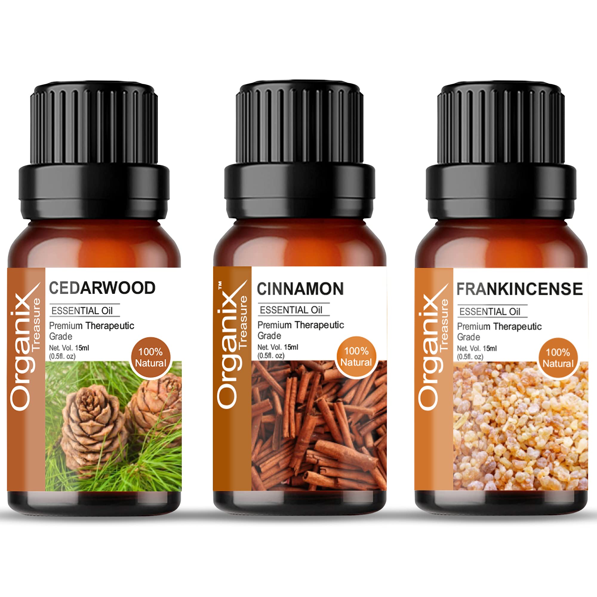 Organix Treasure Pack Of 3 Essential Oils in One Combo Pack - Aromatherapy Gift Kit for Diffuser/Cedarwood, Cinnamon, Frankincense Essential Oil (each 15ml)