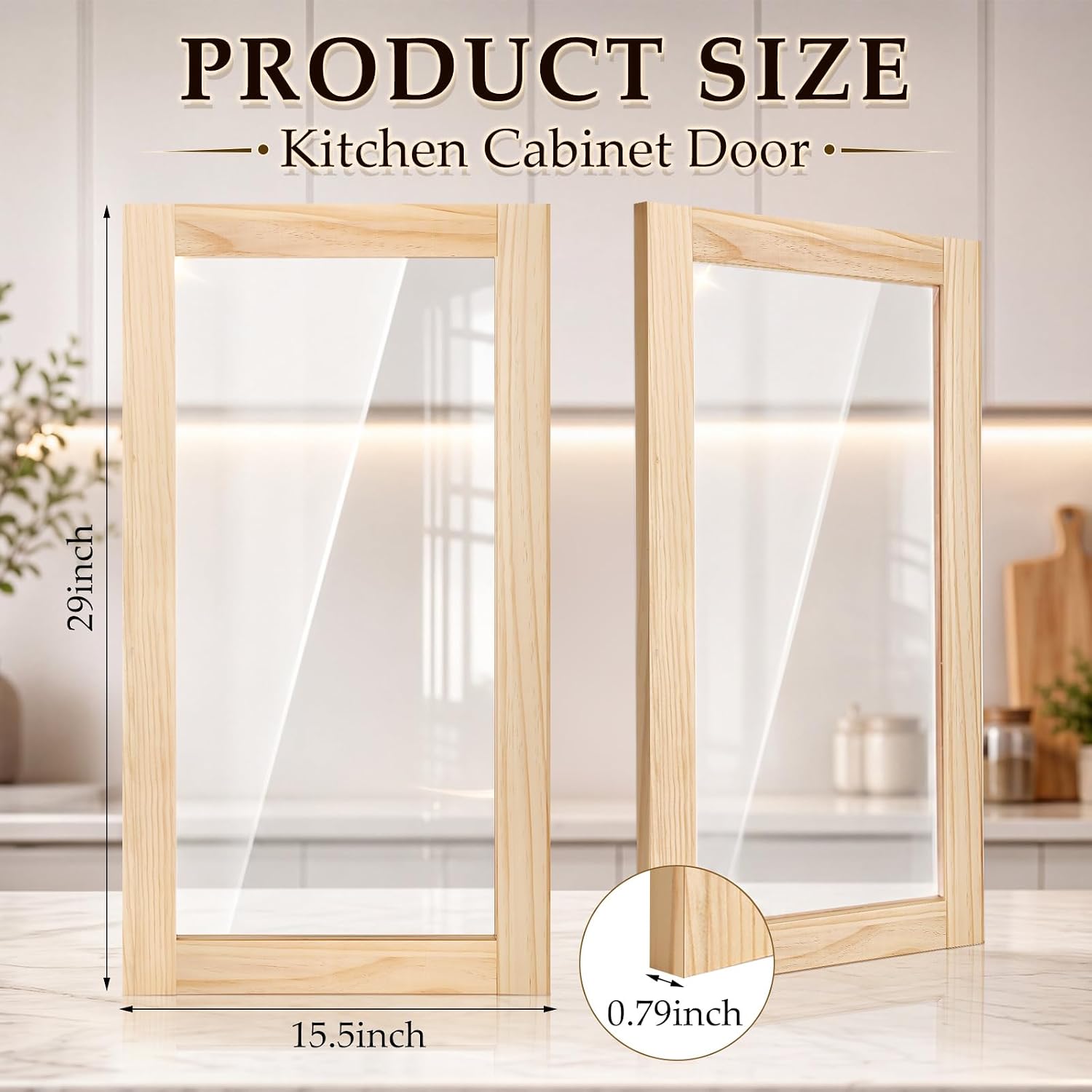 Cinnvoice 2 Pcs 15.5'' W x 29'' H Unfinished Pine Kitchen Cabinet Door Replacement with Clear Window Wood Shaker Door Front Replacement for Kitchen, Bathroom, Vanity Closet