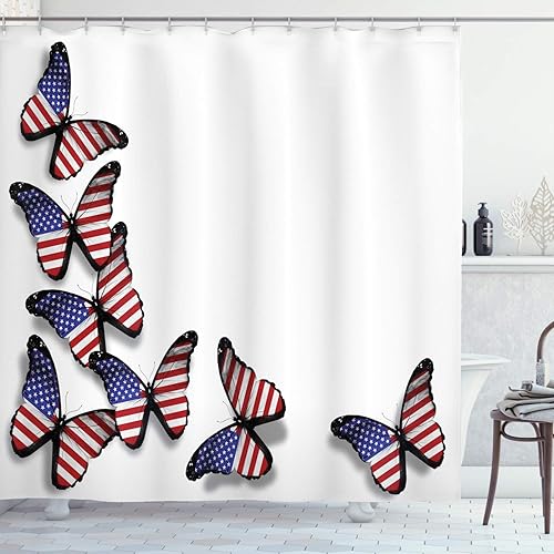 Ambesonne Cortina de ducha americana, bandera estadounidense en mariposas voladoras, patriotismo, diseño inspirado en primavera, juego de decoración
