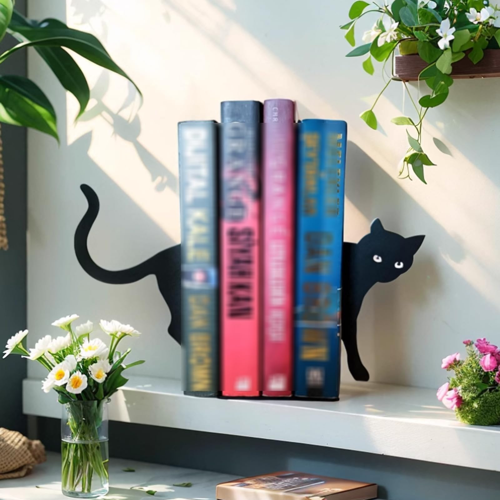 Buchstützen, Buchstützen aus Metall, Schwarz, niedliche Katzenform, dekorativer Ständer für Bücher, Schreibtisch-Organizer