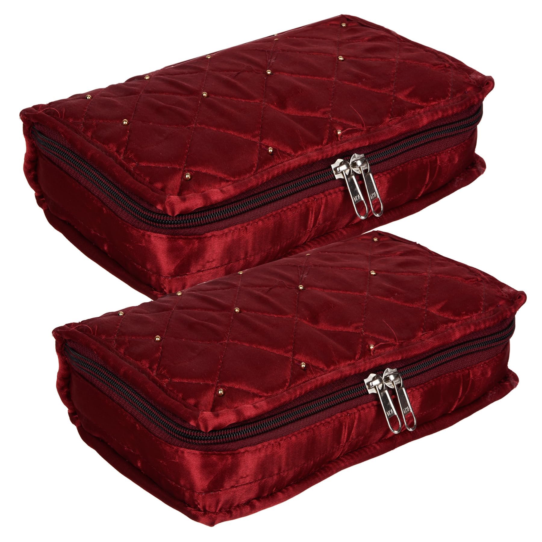 Kuber Industries Jewellery Kit | Satin Jewellery Storage Kit | Moti Beads Jewellery Kit | Cosmetic Kit with 6 Flappable Pouches | Travel Kit for Necklace | Rings | Bracelet | Pack of 2 | Maroon