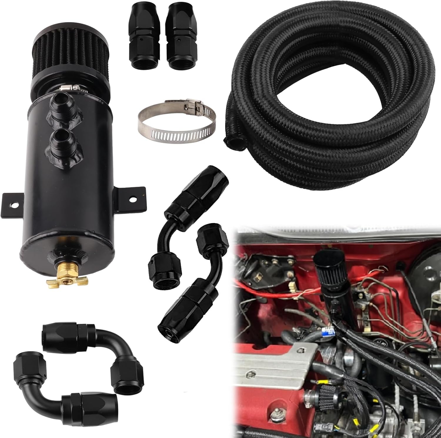 10AN Oil Catch Can Breather with Drain Valve, 750ML Capacity, Bundled with 10FT 10AN 5/8" Fuel Line Fitting Kit featuring Nylon Braided CPE Oil Hose