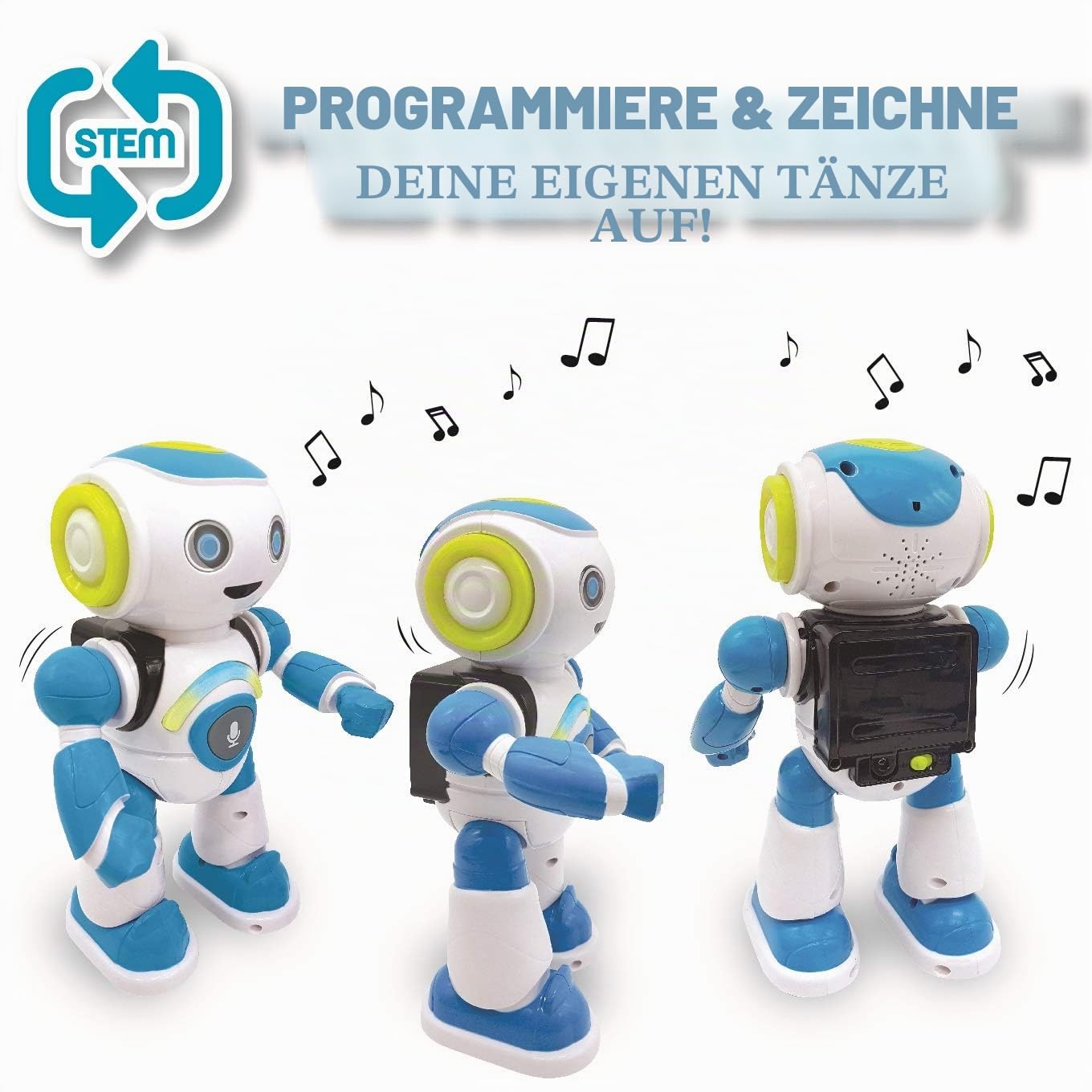 Lexibook ROB20FR Powerman Jr Smart Robot for Boys and Girls to Play Music, Quiz Animals, Programmierba - White (French Version) | Tanz, Musik, Tierquiz, Karaoke, STEM, grün/blau