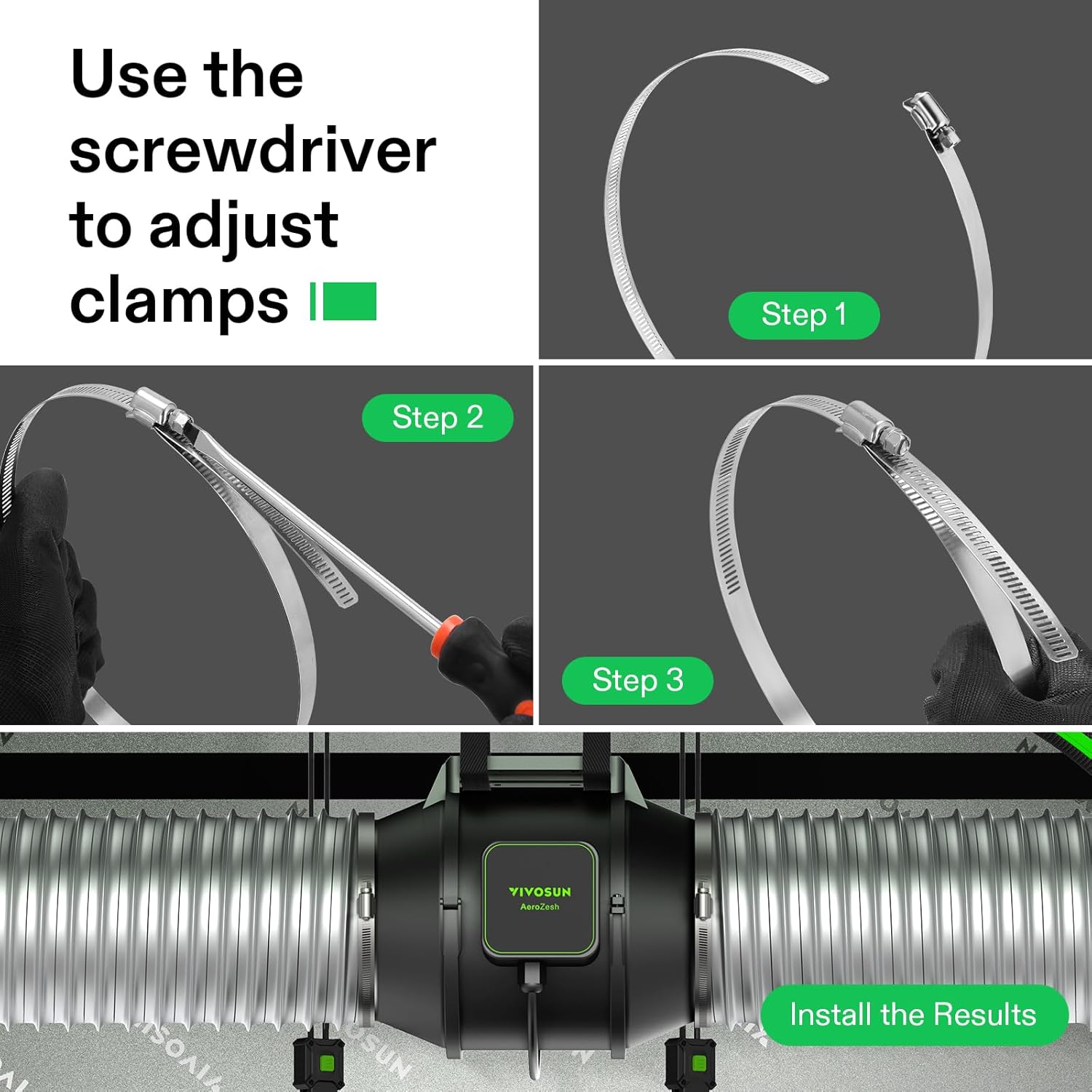 VIVOSUN Window Duct Kit and Stainless Steel Air Ducting Clamps, 4/6/8/12 Inch Adjustable Hose Clamps with Worm Drive for Ducting, Heating, Cooling