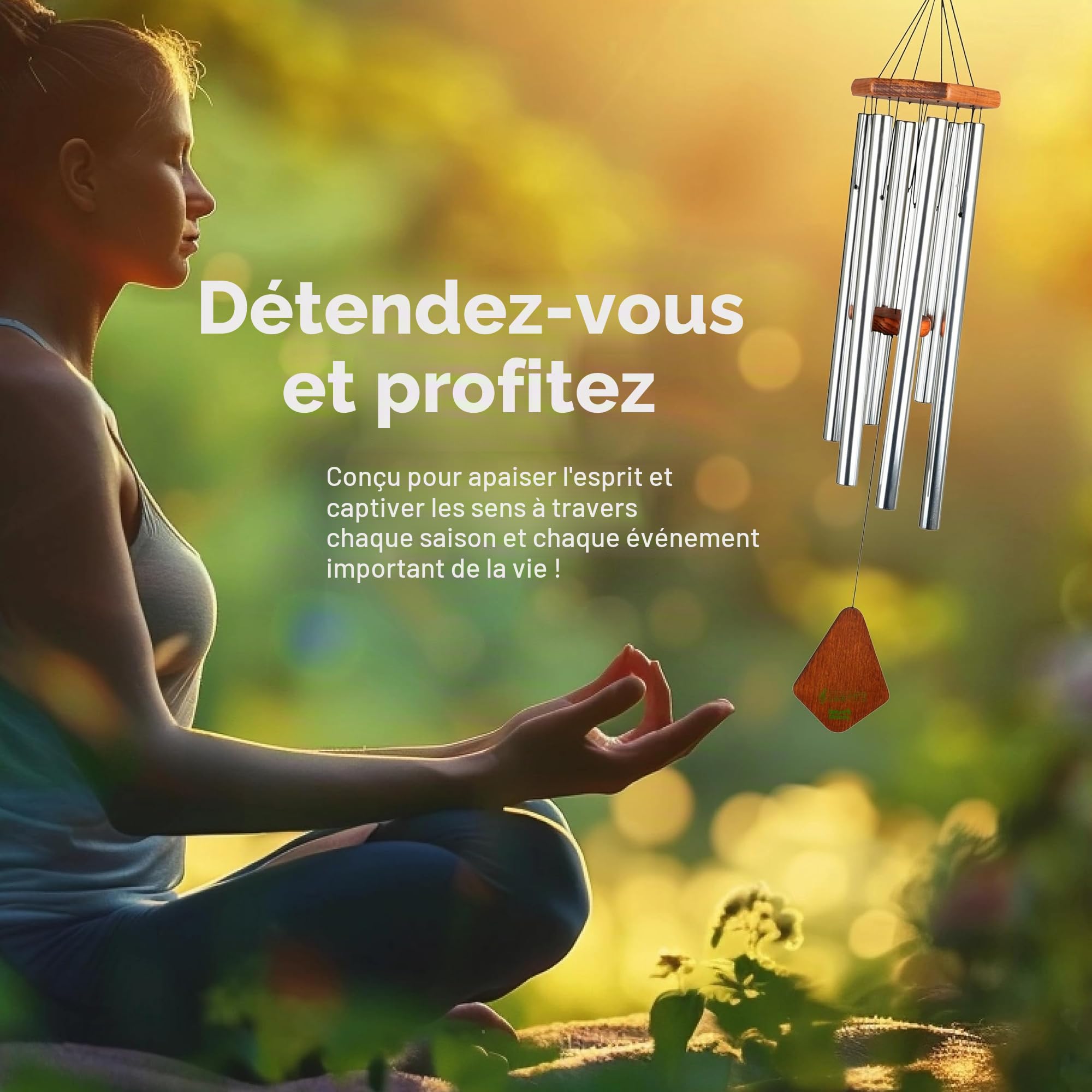 Nature's Melody Premiere Grande Tunes Carillon éolien – Carillon d'extérieur avec 6 Tubes accordés à l'échelle pentatonique E, Aluminium antirouille, Bois de hêtre et Crochet en S pour condoléances,