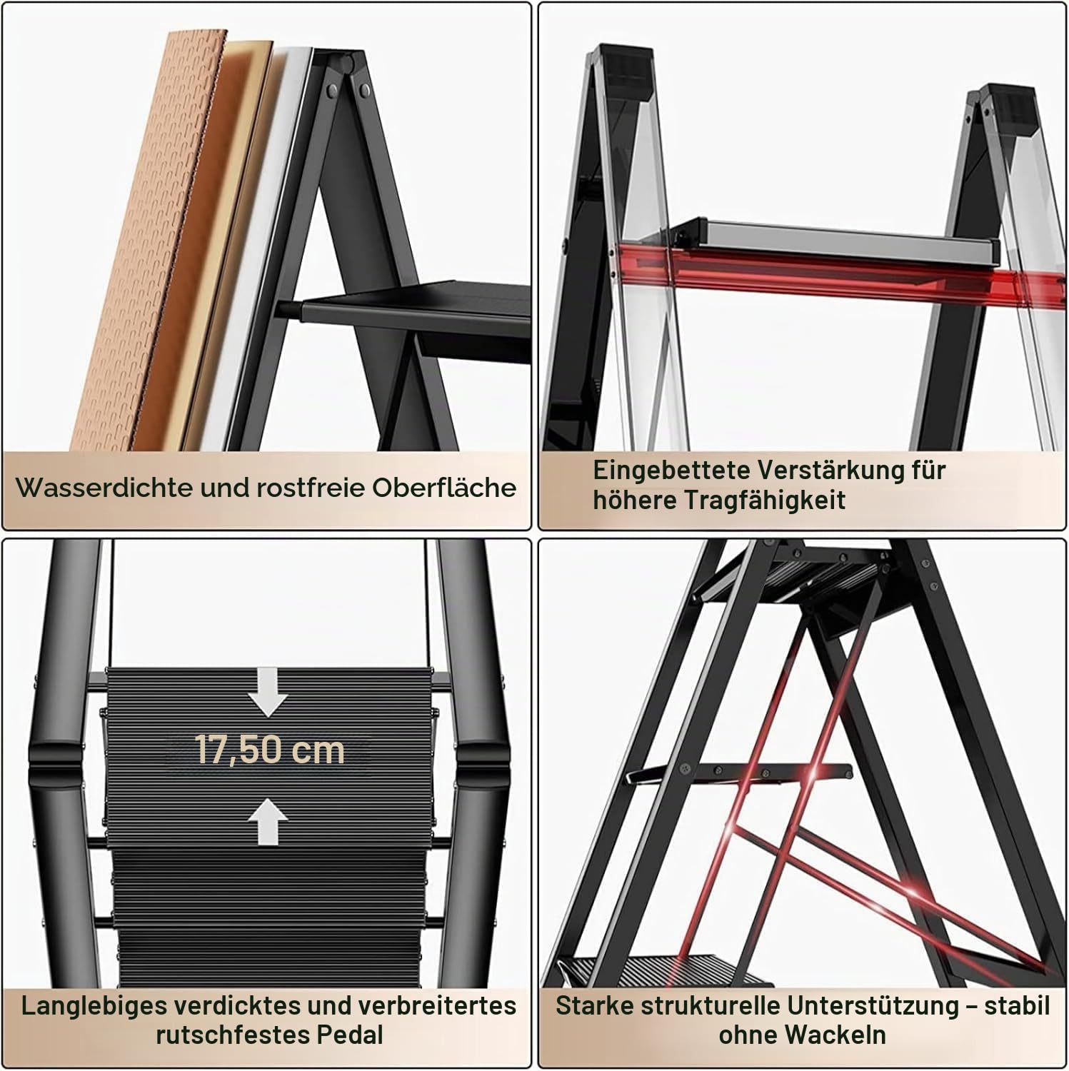 4-stufige Leiter, praktische Klappleiter, breite Stufen, kann als Regal verwendet Werden, 150 kg Belastung, Schwarz