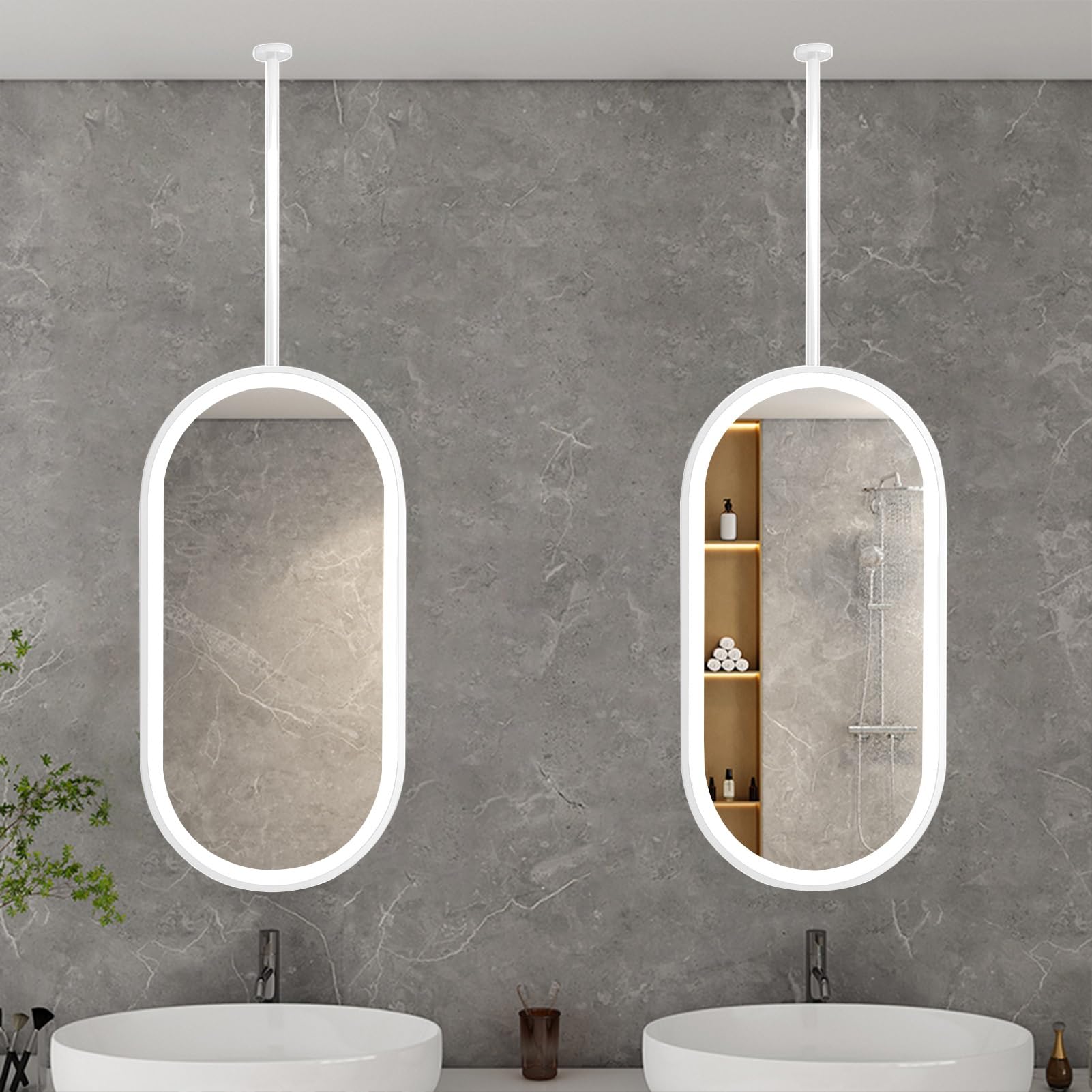 FGXHHS Ceiling Mounted Floating Mirror with LED Lighting, Metal Frame Oval Decorative Mirror, Bathroom Vanity Shaving Makeup for Above Sink - Boom Customizable(50cmx60cm)