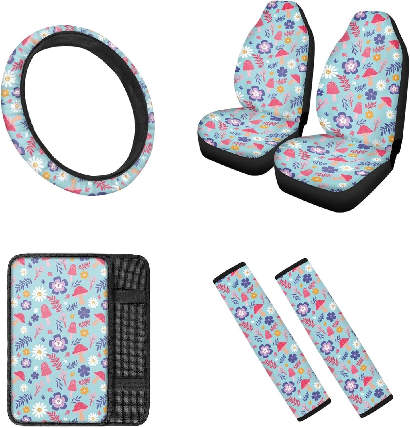 Beauty Collector Purple Anime Dragonfly Flower Car Seat Cover Full Set with Front Seat Cover,Steering Wheel Cover,Armrest Cover and Car Seat Belt Cover