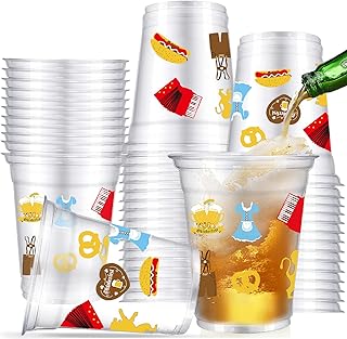 VDESFUEBY Oktoberfest Plastic Cups,12oz Oktoberfest Party Thick Plastic Disposable Cup October German Pretzel Beer Blue Bavarian Party Supplies Cold Drink Wine for German Beer Festival Decorations