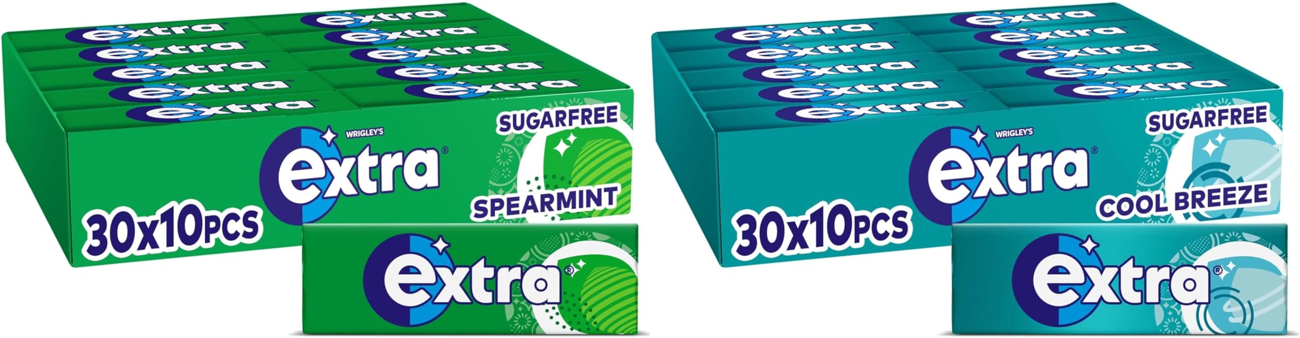 Spearmint 10 Piece 30 Pack + Extra Cool Breeze 10 Piece 30 Pack, Freshens Breath, With Xylitol, Helps with Oral Hygiene for Healthy Teeth and Gums (60 Packs)