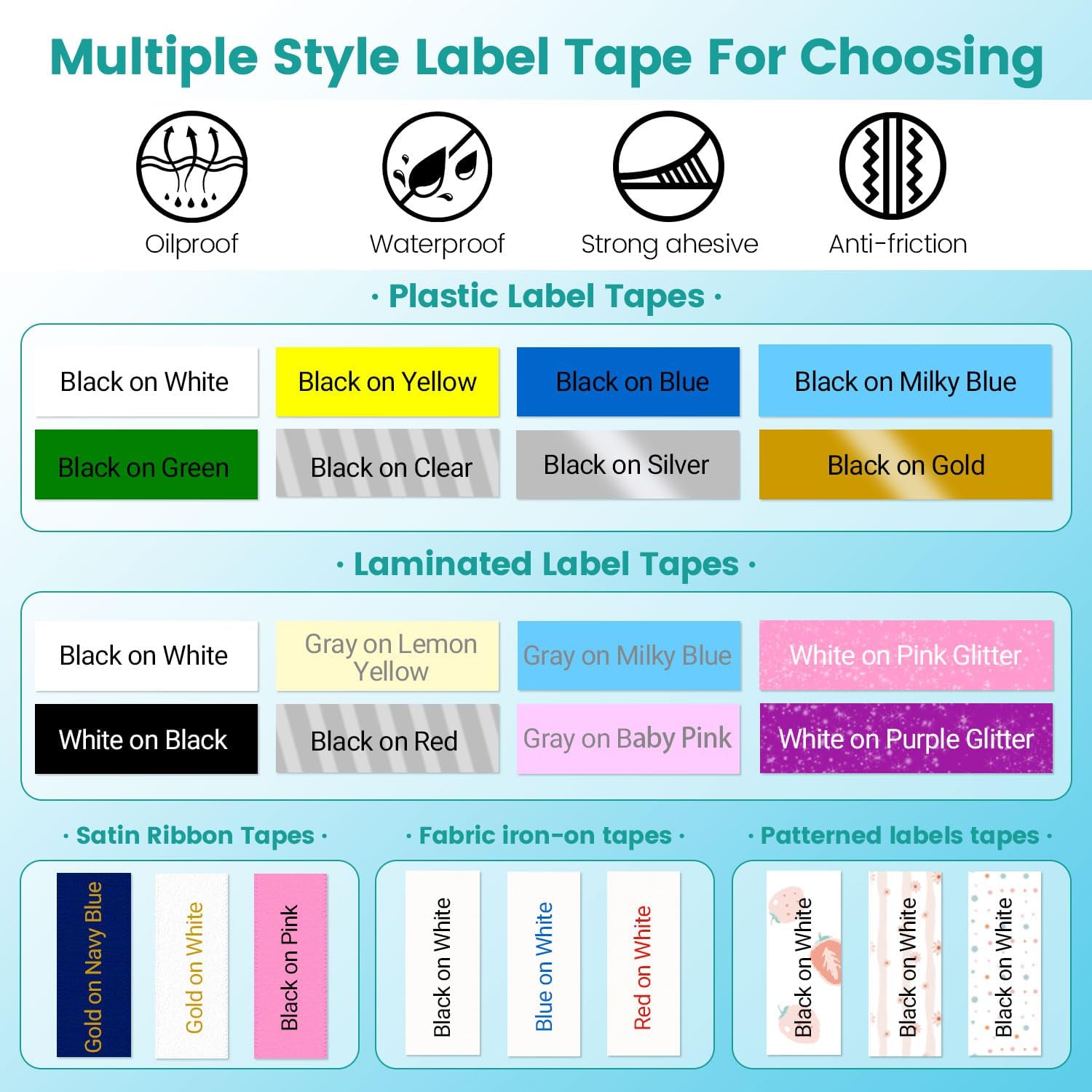 Screenshot of the Print Master app showing various customization options for labels, including text, stickers, borders, and pictures.