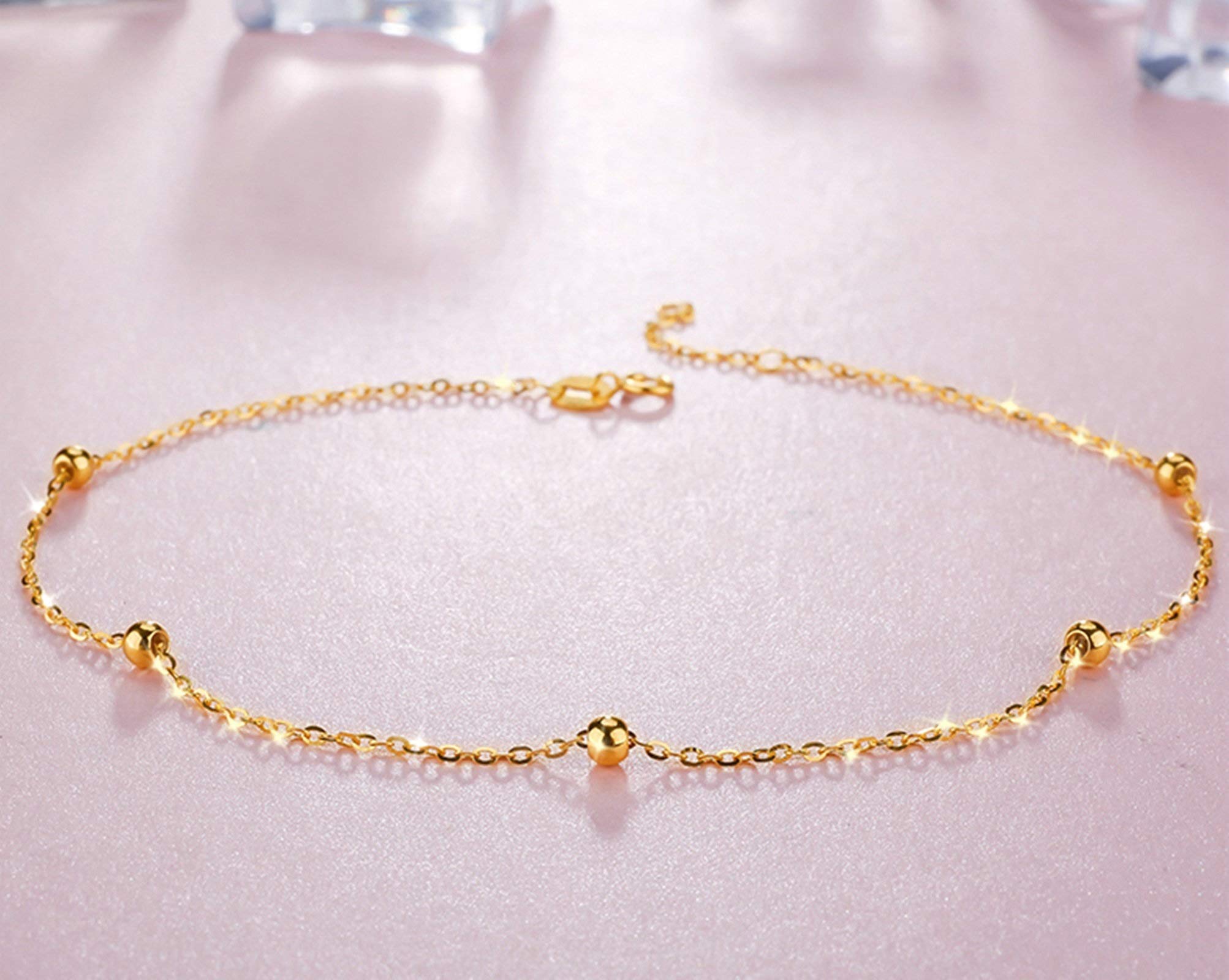 Tobillera de oro amarillo de 18 quilates para mujer, tobilleras con cinco cuentas ajustables de 9,5 pulgadas
