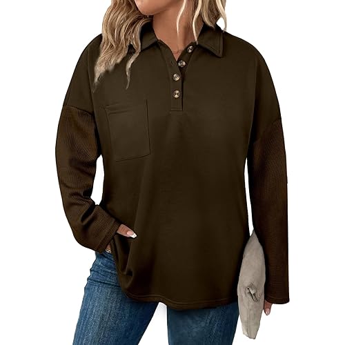 Eytino Plus Size Sweatshirts for Women Button V Neck Long Sleeve Waffle Patchwork Oversized Pullover Shirts Tops(1X-5X)