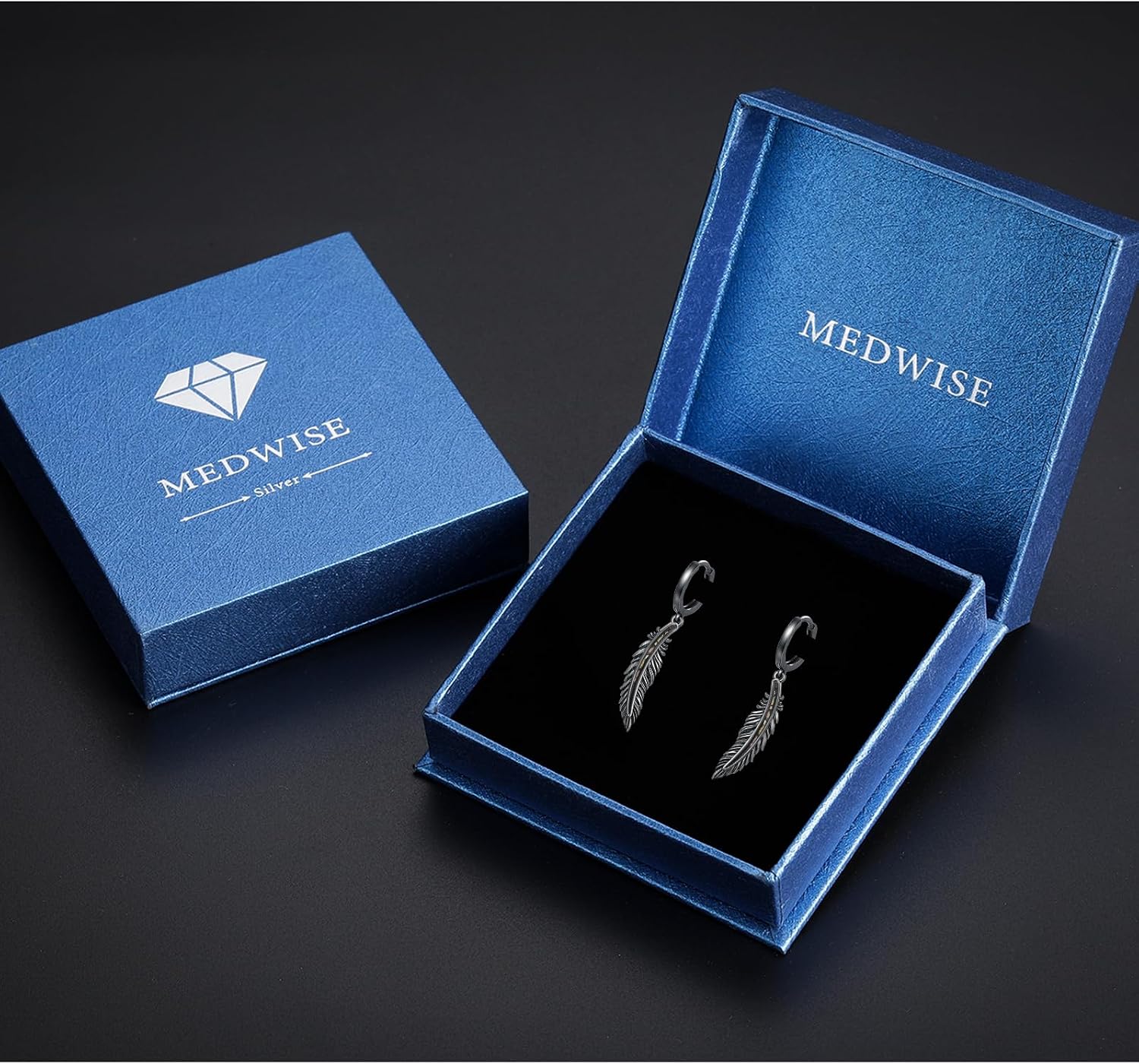 MEDWISE Black Feather Dangle Drop Earrings for Men Women 925 Sterling Silver Abalone Hoop Earrings Punk Jewelry for Men Women Mothers Day Gifts for Mom