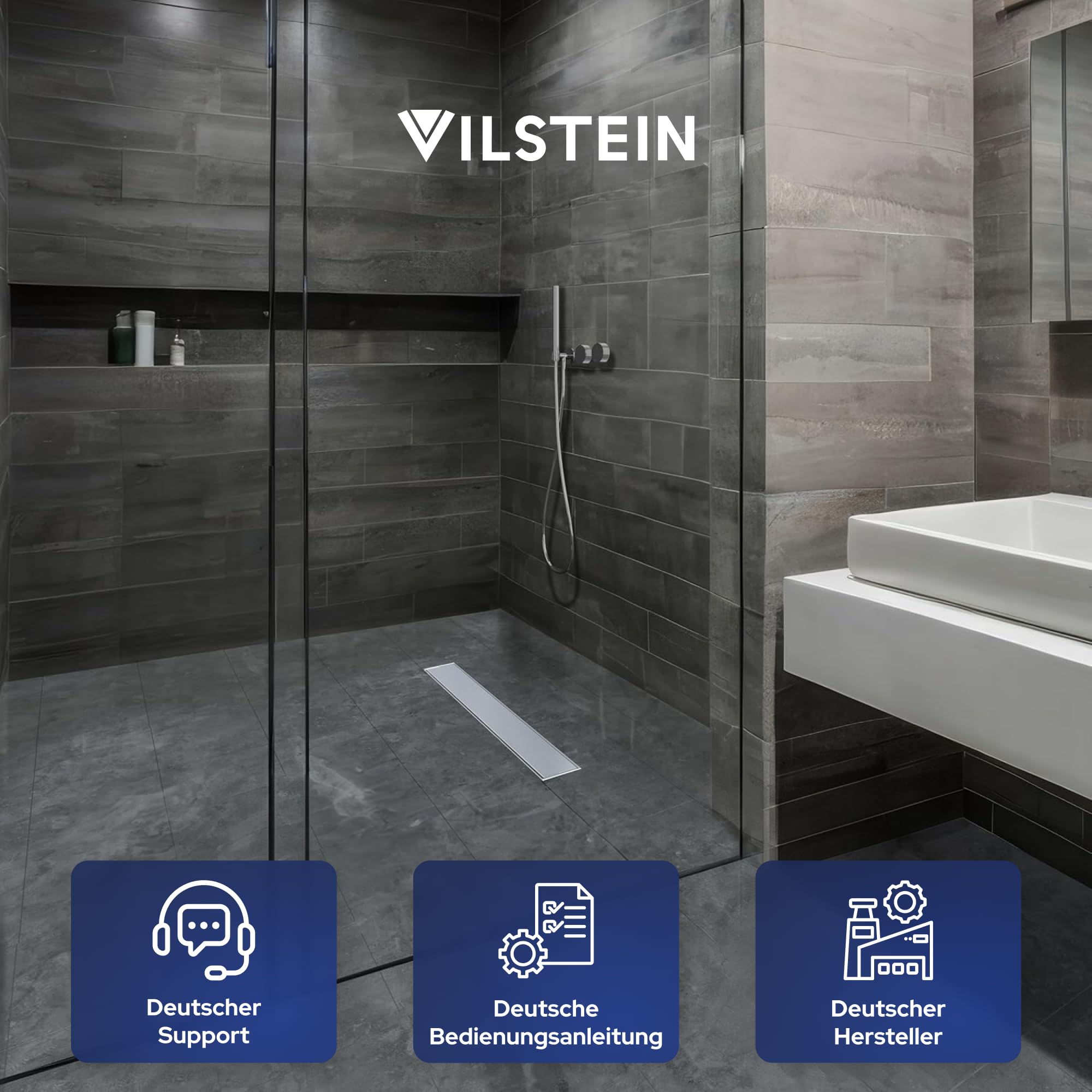 VILSTEIN® Duschrinne Edelstahl Extra Flach [80CM] - Bodenabfluss Dusche Komplettset - Ablaufrinne Dusche - Duschabfluss - Siphon mit Geruchsstop & Haarsieb - Randablauf - Duschablauf
