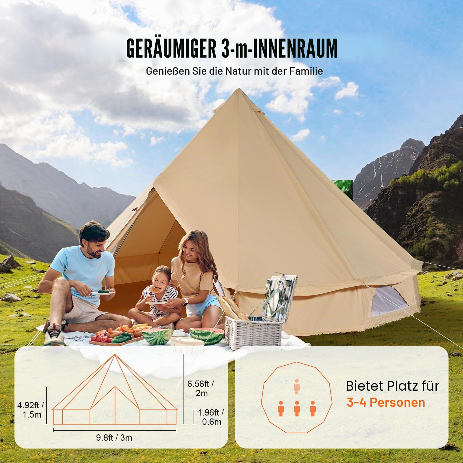 VEVOR Zeltglocke aus Segeltuch, Jurte 4 Jahreszeiten für Camping mit Herdwagenheber, atmungsaktiv hält bis zu 4 Personen, Familiencamping Outdoor Jagd Party
