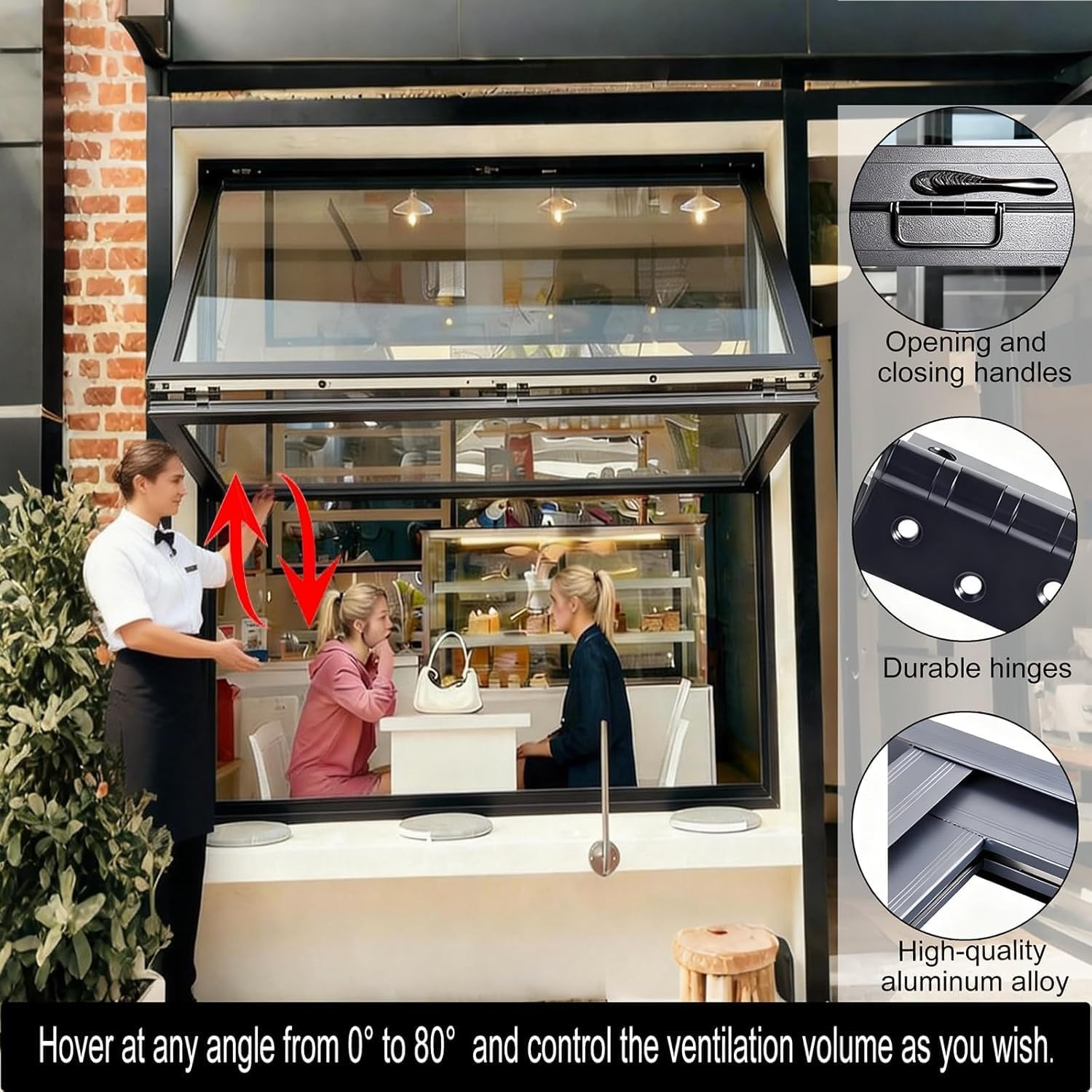 Alloy Vertical Folding Serving Window, Double Hung Concession Window for Mobile Home & Commissary, Foldable Sliding Windows for Food Truck,Black,36 * 59in