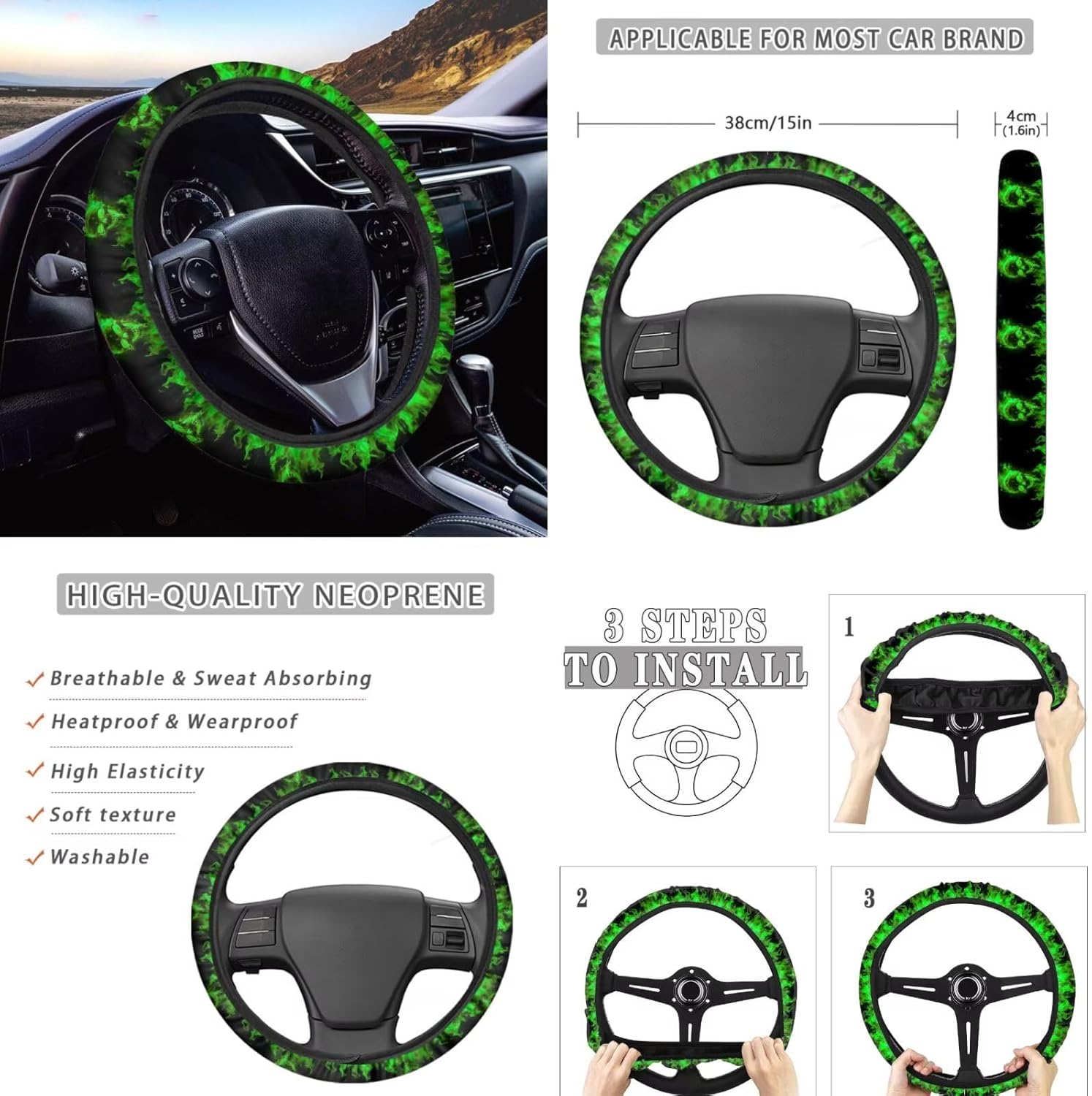 Green Flame Skull Car Interior Accessories Set of 8, Car Seat Covers with Auto Steering Wheel Cover, Center Console Pad, Seat Belt Covers, Automotive Decorations