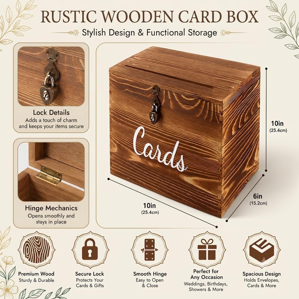 mwater Rustic Wooden Wedding Card Box with Lock（ 10×10×6 inches