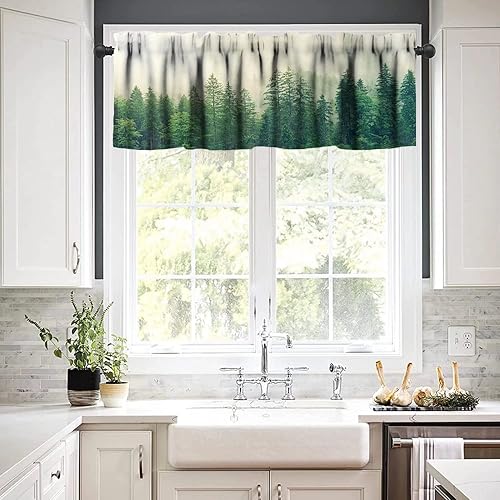 Miniatura 3 de Cortinas de cenefa de bosque natural, niebla verde brumosa, cenefas mágicas de arte de montaña para dormitorio, cenefa de ventana para cocina, baño,