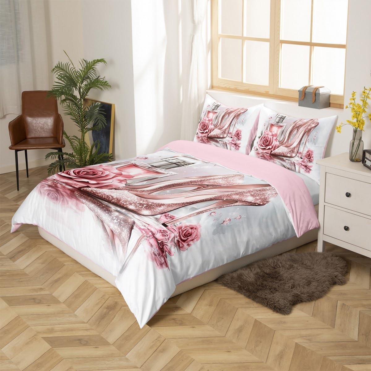 Erosebridal Fashion Luxury Girly Duvet Cover Pink Glitter High Heels Comforter Cover Rose and Perfume Makeup Themed Bedding Set Full Size for Kids Teen Women,Trendy Aesthetic Floral Bed Set