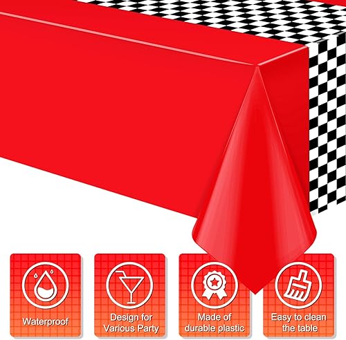 Vista 3 de Paquete de 3 manteles de plástico de auto de carreras, mantel desechable a cuadros rojos y negros, mantel rectangular a cuadros de búfalo