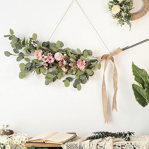 Miniatura 6 de HinyoCo 6 hojas de eucalipto artificiales de 35 pulgadas de alto, ramas de hojas de eucalipto de dólar plateado sintético en gris verde para