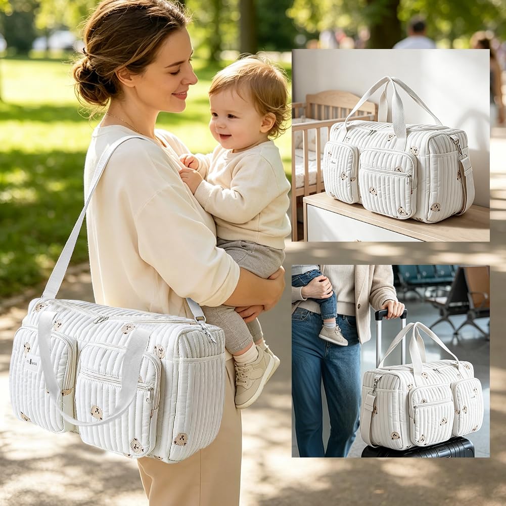 Grand sac à langer, sac clinique de naissance, 48 × 22 × 26 cm, en coton, sac pour bébé, avec broderie, sac maman pour l'hôpital, la naissance, les voyages et la poussette, pliable avec