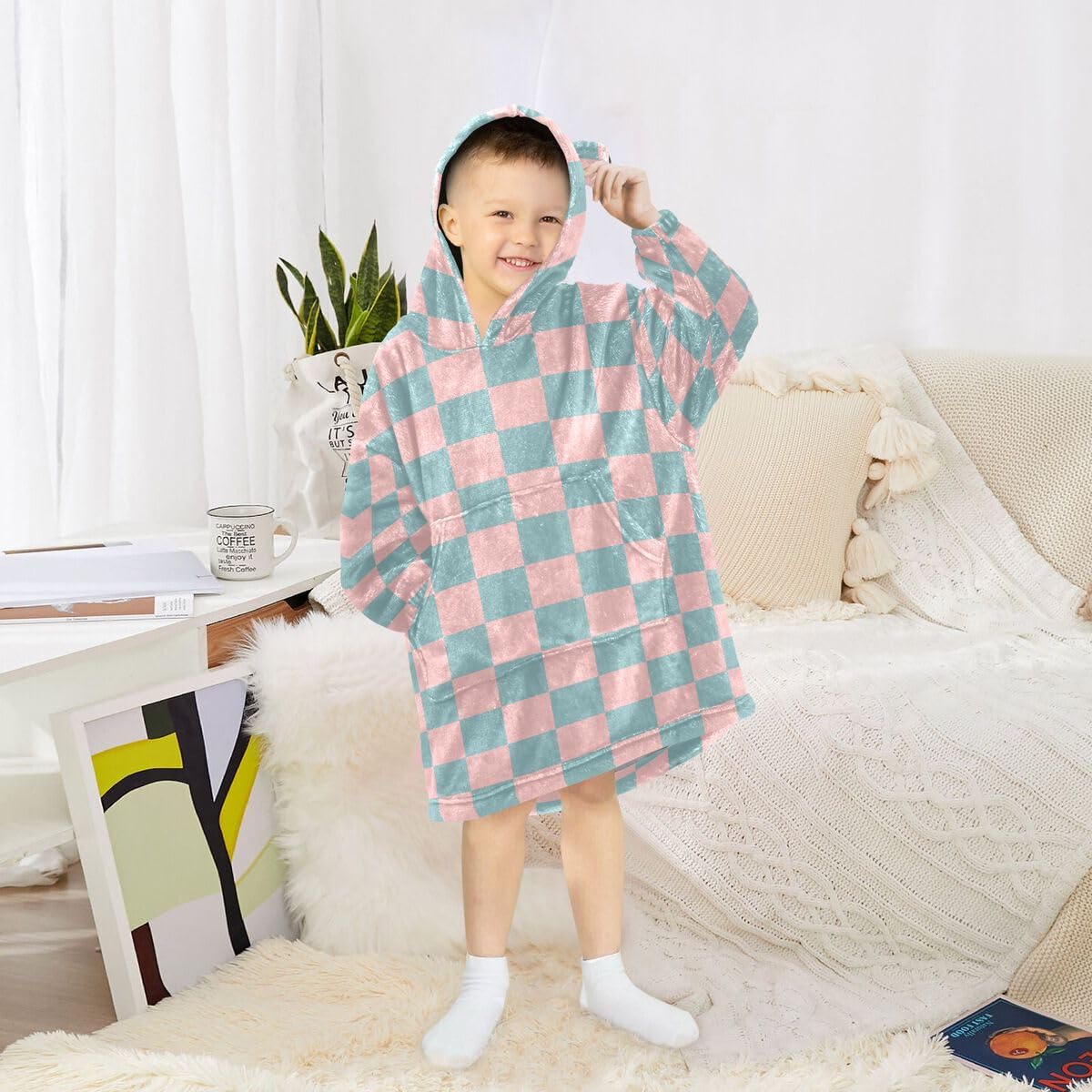 Dziecięcy koc w kratkę retro bluza z kapturem oversize bluza koc sweter niebieski różowy dla chłopców i dziewcząt w wieku 3-14 lat