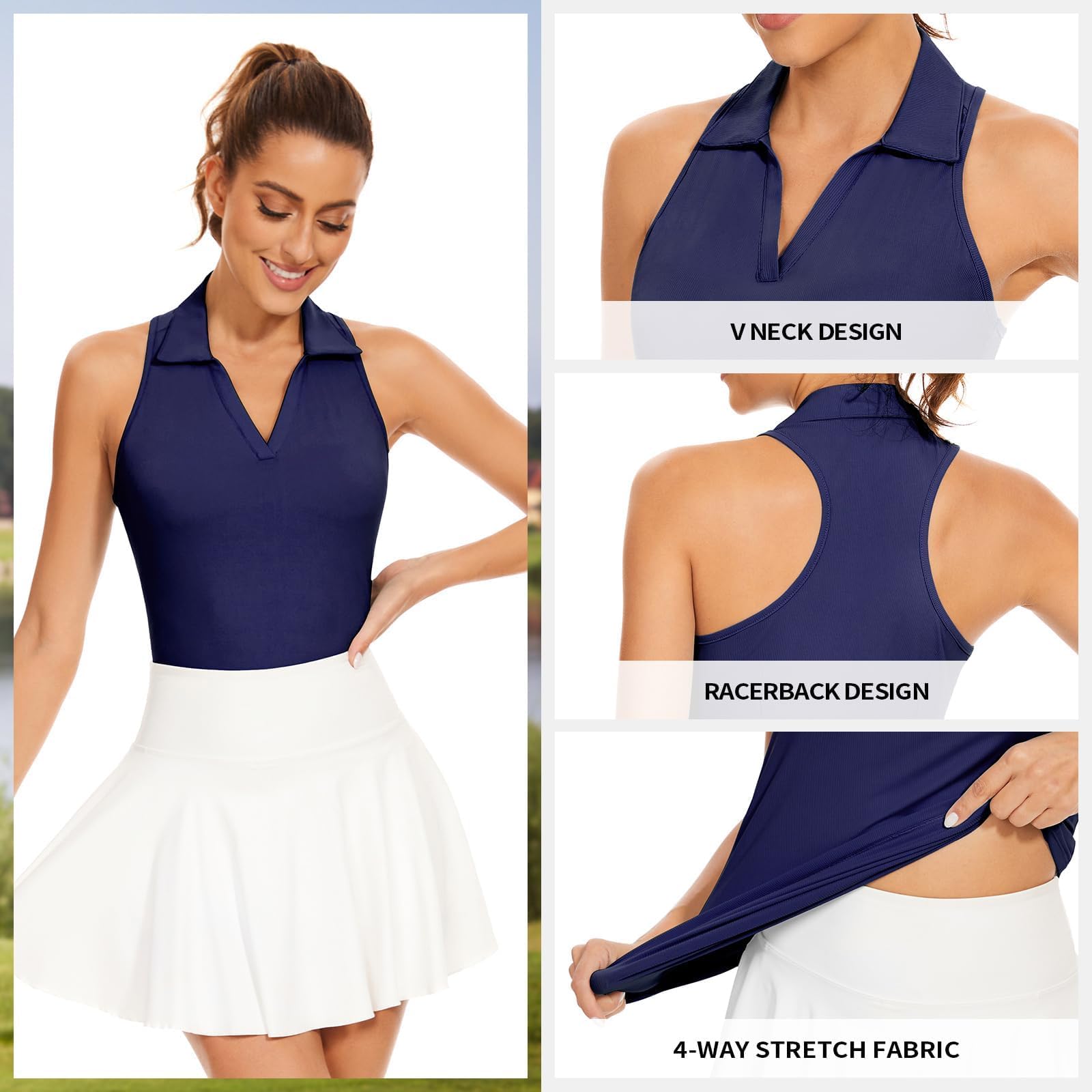 Soneven Polo Mujer Cuello en V Manga Corta/Sin Mangas Camisetas Deportivas Ribbed Transpirable Secado Rápido Camisa Funcional para Golf Tenis