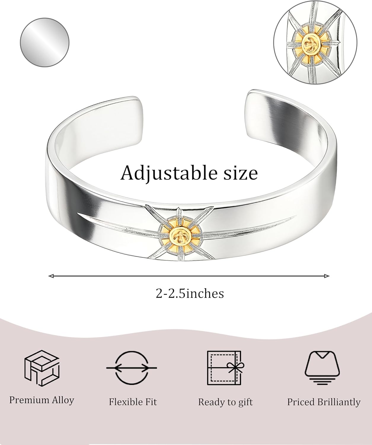 Sterling Silver Bracelet for Women with Engraved Yellow Star — Sterling Silver Bangles, Adjustable Bracelets for Women, Vintage Cuff Bracelet - Image 4
