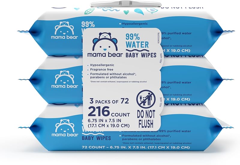 Amazon Brand - Mama Bear 99% Water Baby Wipes, Hypoallergenic, Fragrance Free, 216 Count Total (3 Packs of 72 Wipes Each)